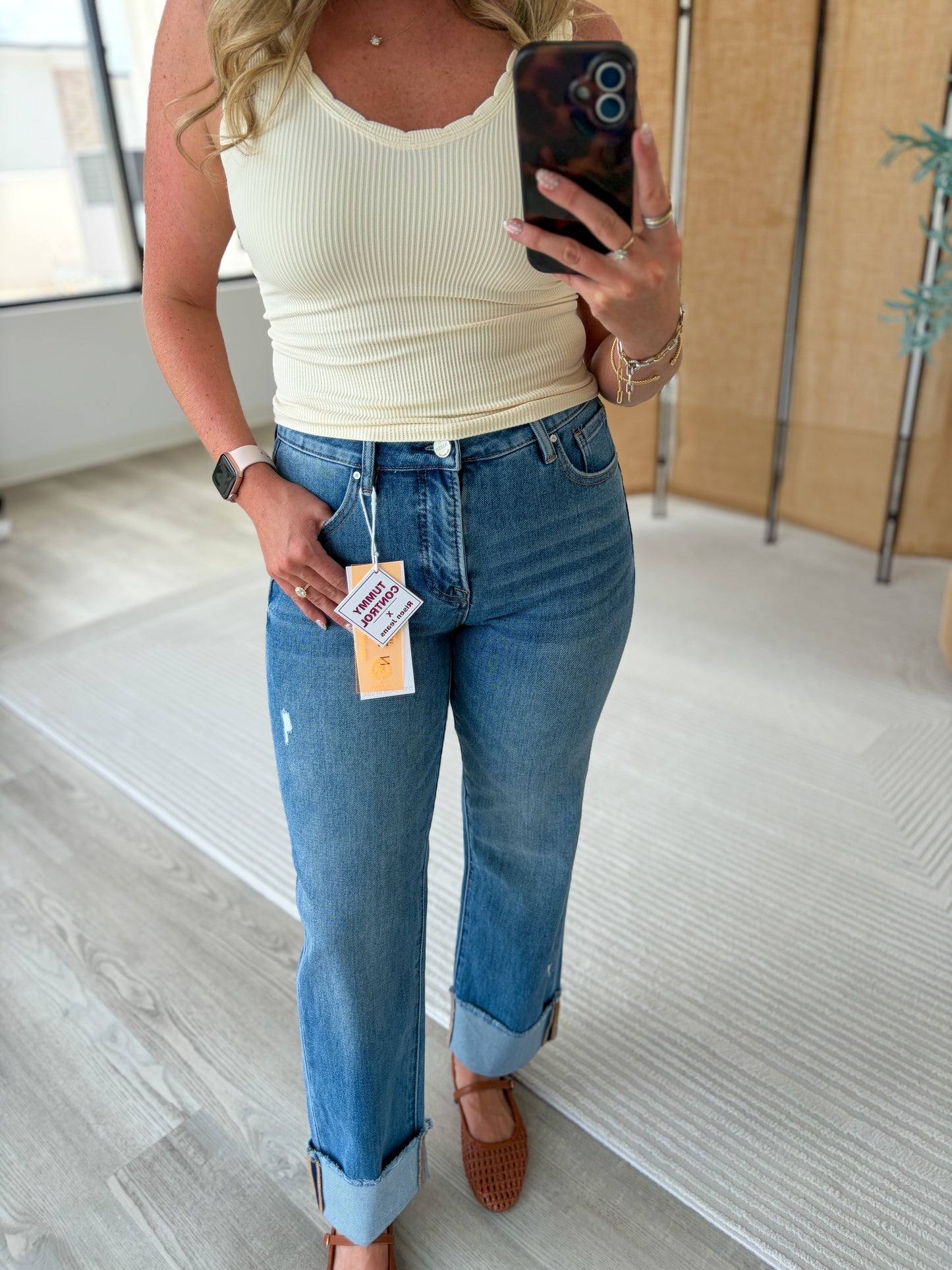 Risen Tummy Control 4 Way Stretch Mid Rise Crop Straight Cuffed Jeans
