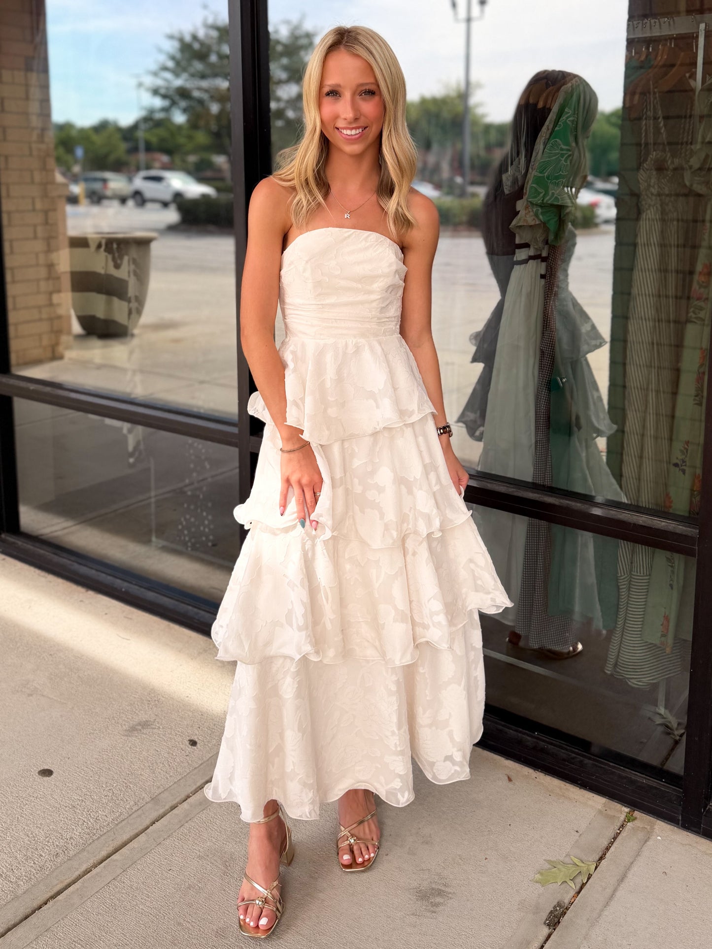 Strapless Ruffle Midi Dress