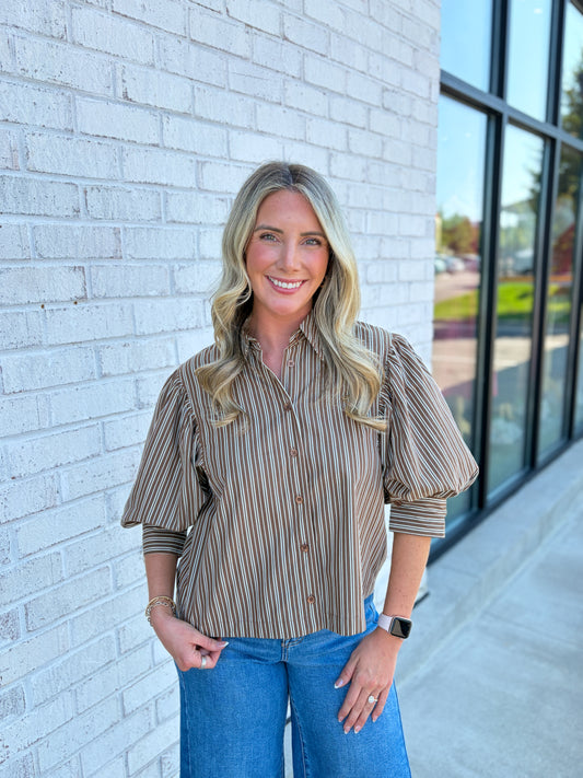 Puff Sleeve Striped Button Up Top