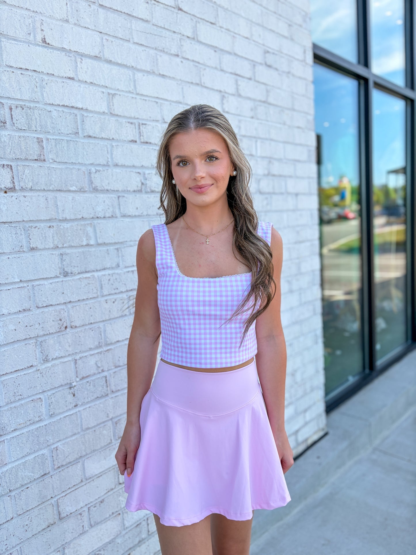 Gingham Lace Trim Athletic Top