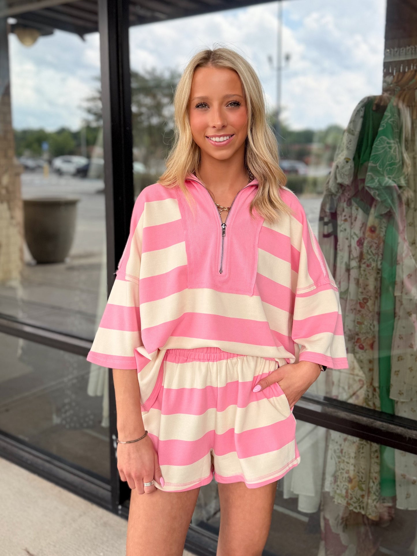 Striped Quarter Zip Lounge Set
