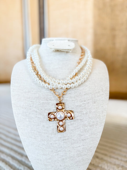Chunky Pearl Cross Necklace