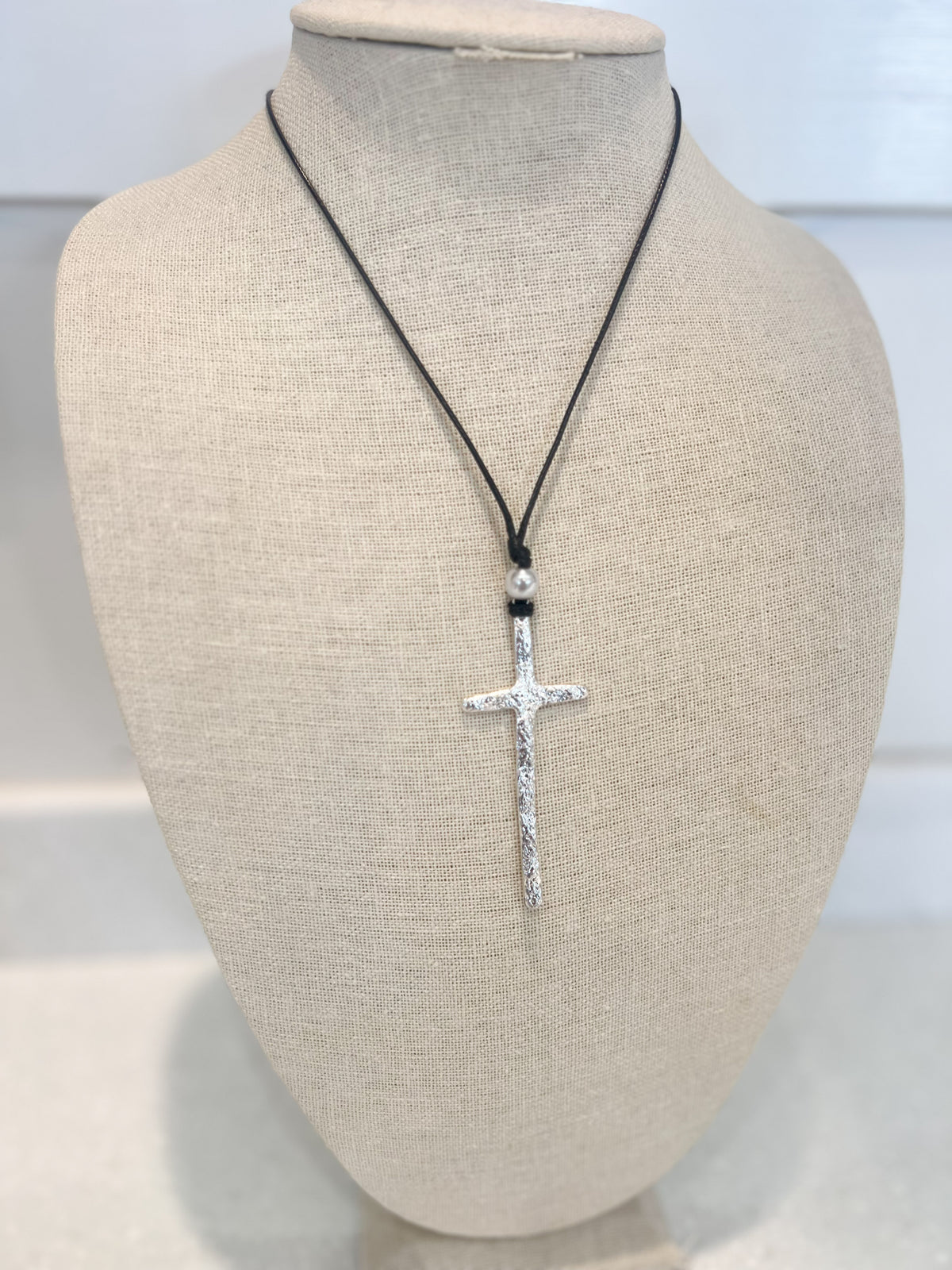 Black Rope Silver Cross Necklace