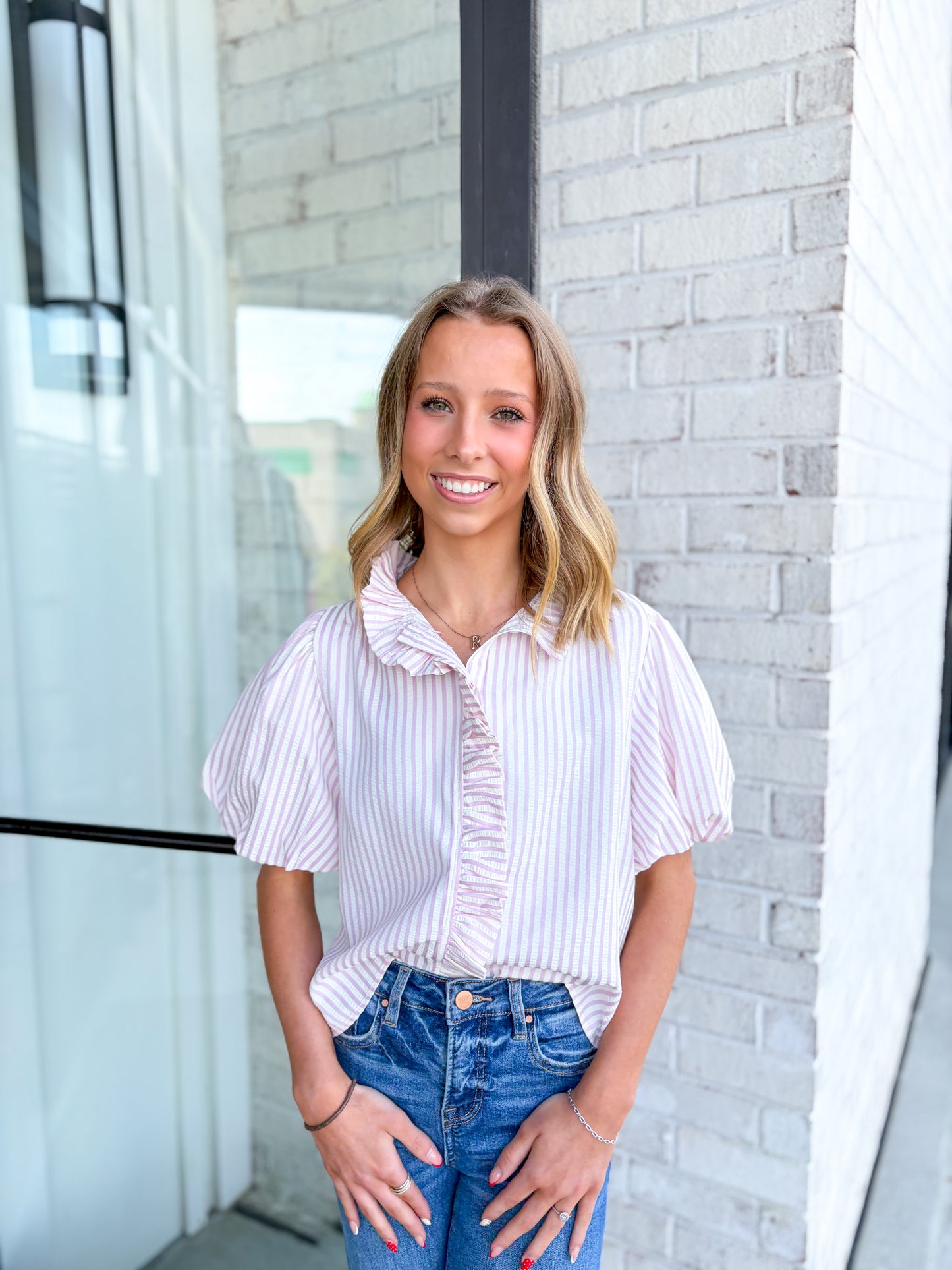 Bubble Sleeve Striped Top