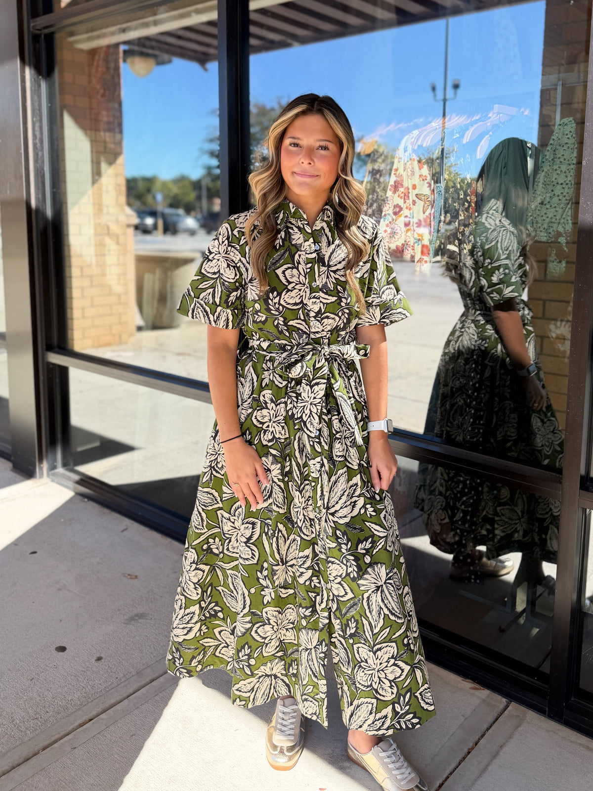 Button Down Printed Midi Dress