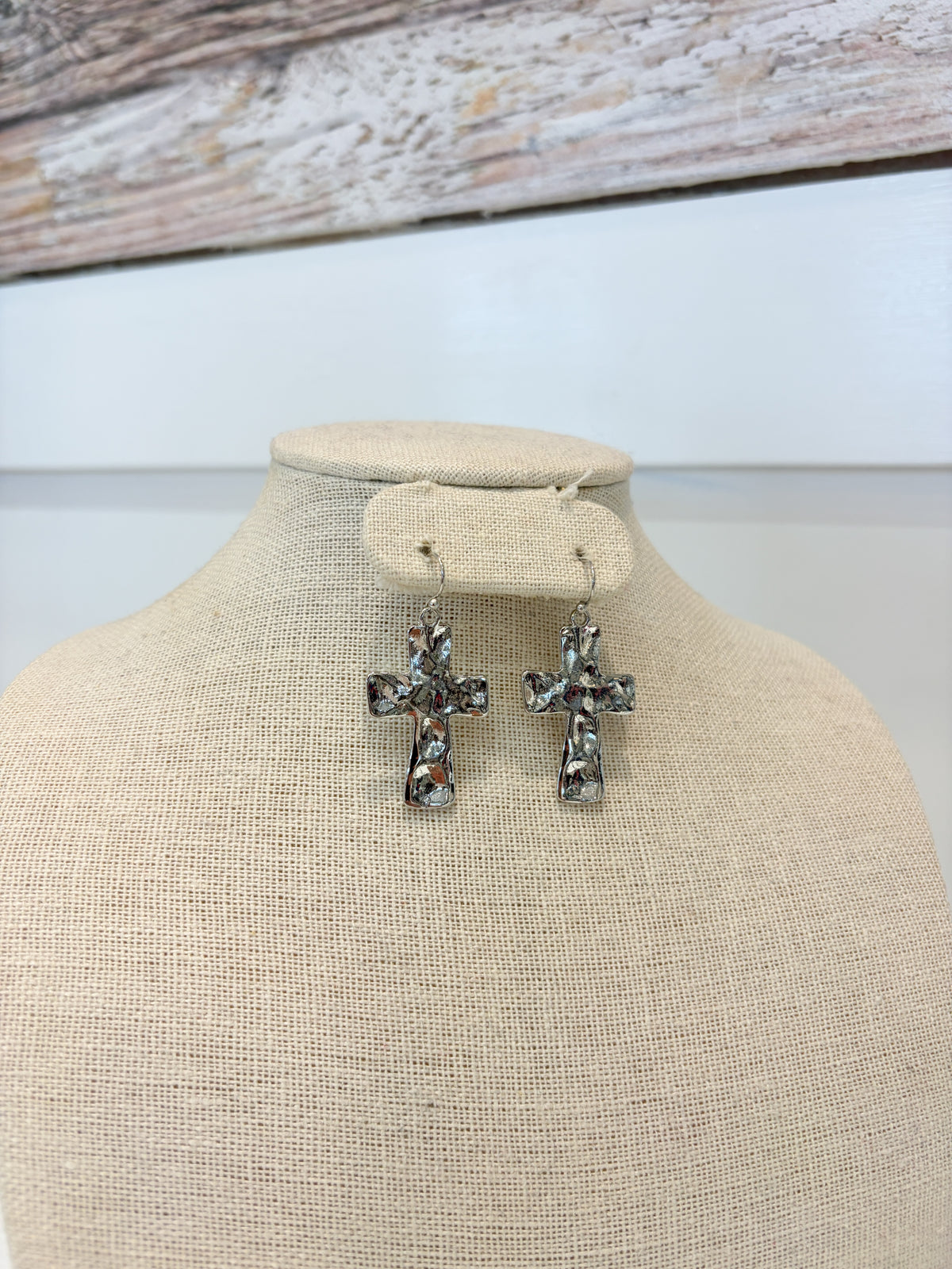 Silver Hammered Cross Earrings