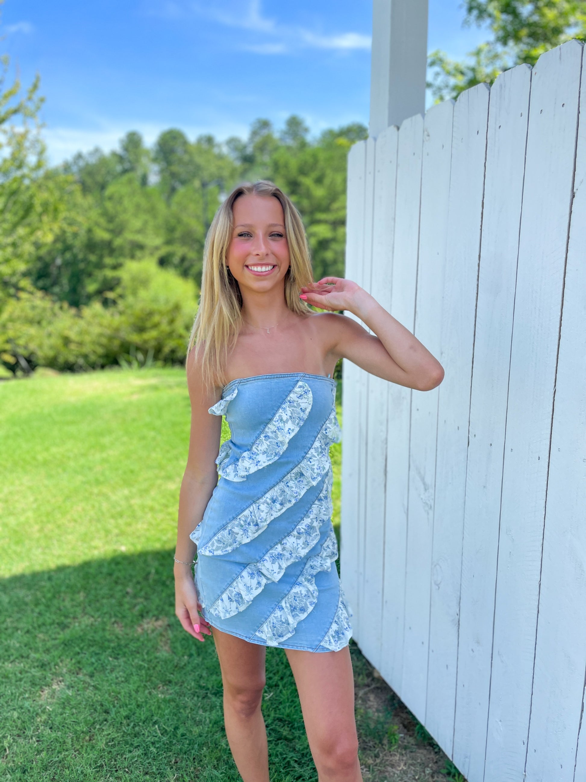 denim lace mini dress Medium Wash Denim Lace Print Strapless Mini Dress