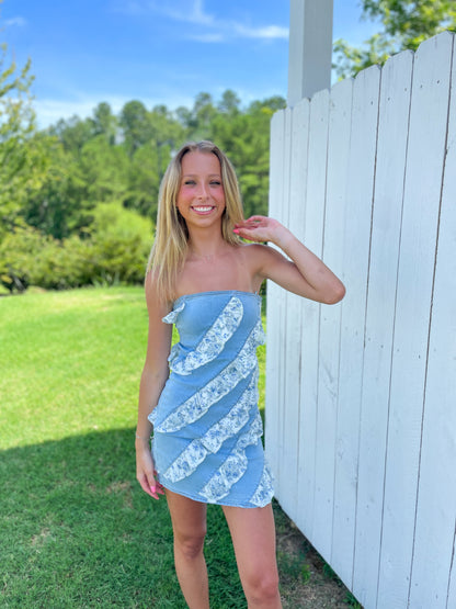Rayleigh Denim Lace Mini Dress