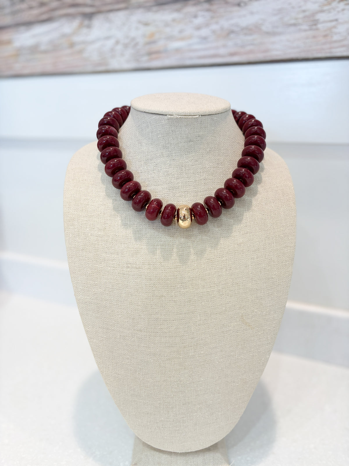 Flat Bead Chunky Necklace - Burgundy