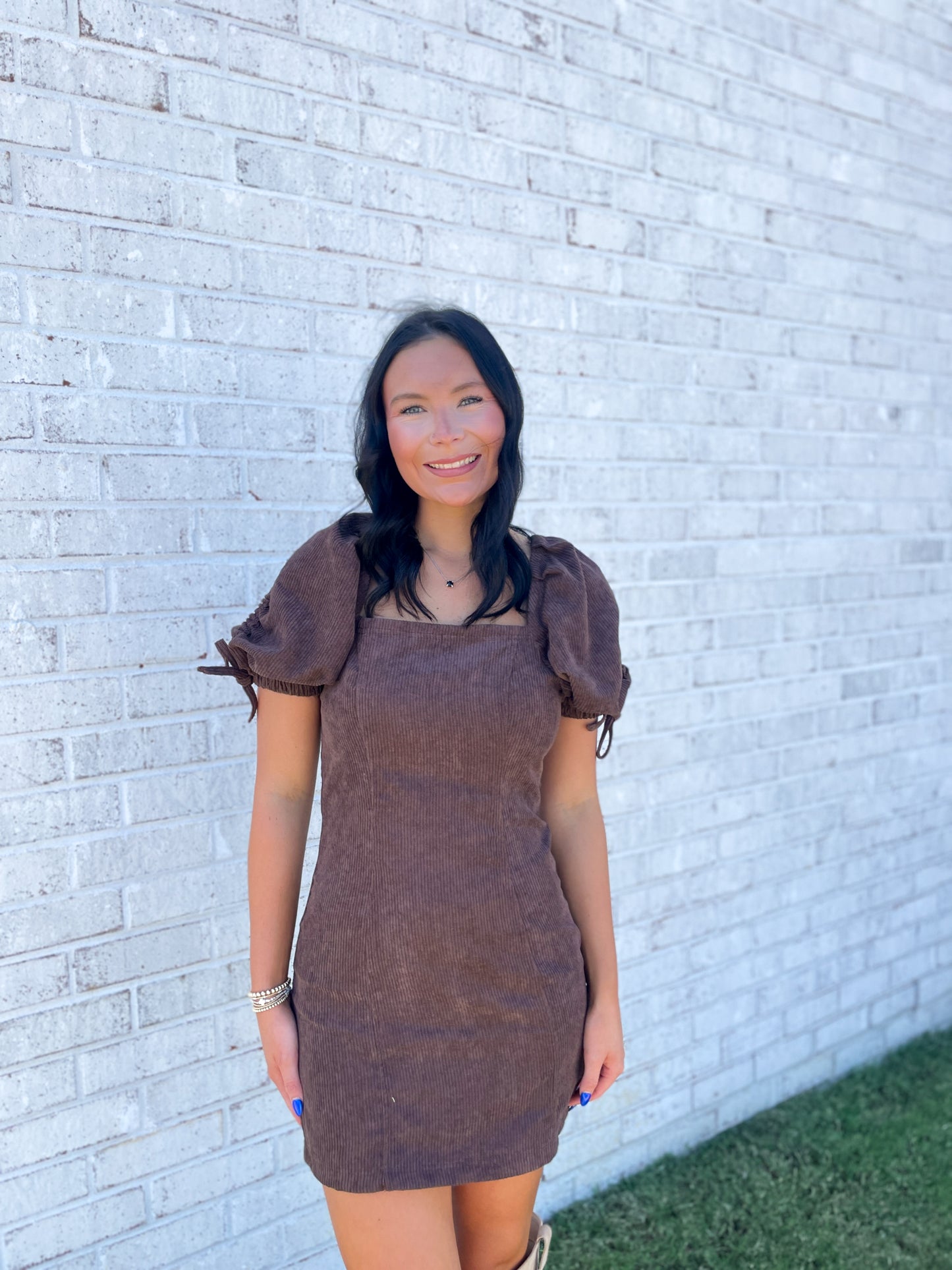 Corduroy Puff Sleeve Mini Dress