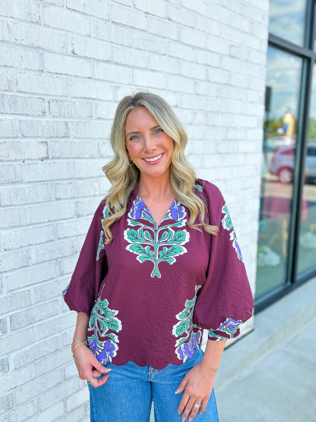 Floral Textured V-Neck Blouse