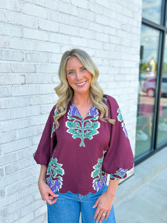 Floral Textured V-Neck Blouse