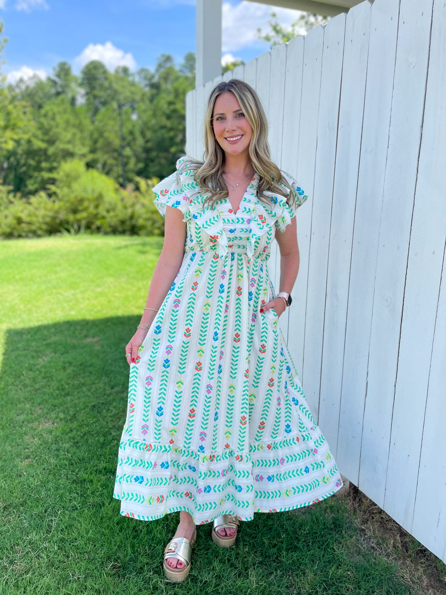 Karlee Printed Ruffle Midi Dress