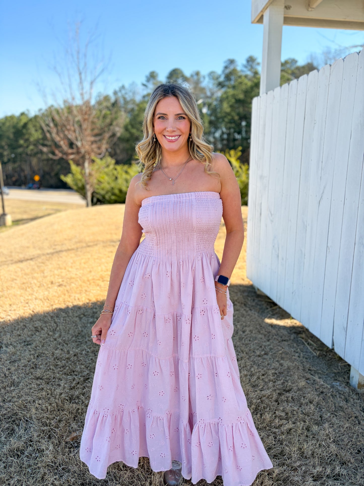Eyelet Strapless Midi Dress