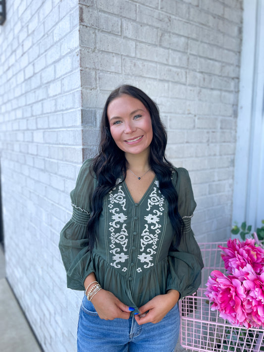 Embroidered Button Up Top