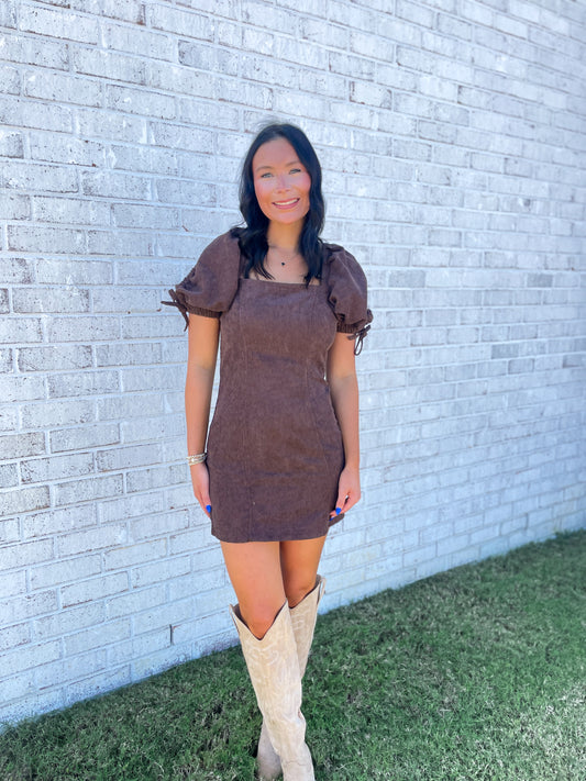Corduroy Puff Sleeve Mini Dress