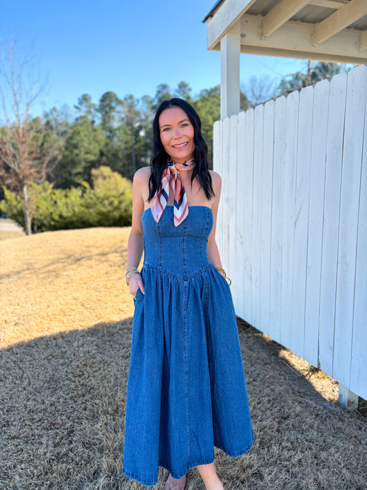 Denim Strapless Midi Dress