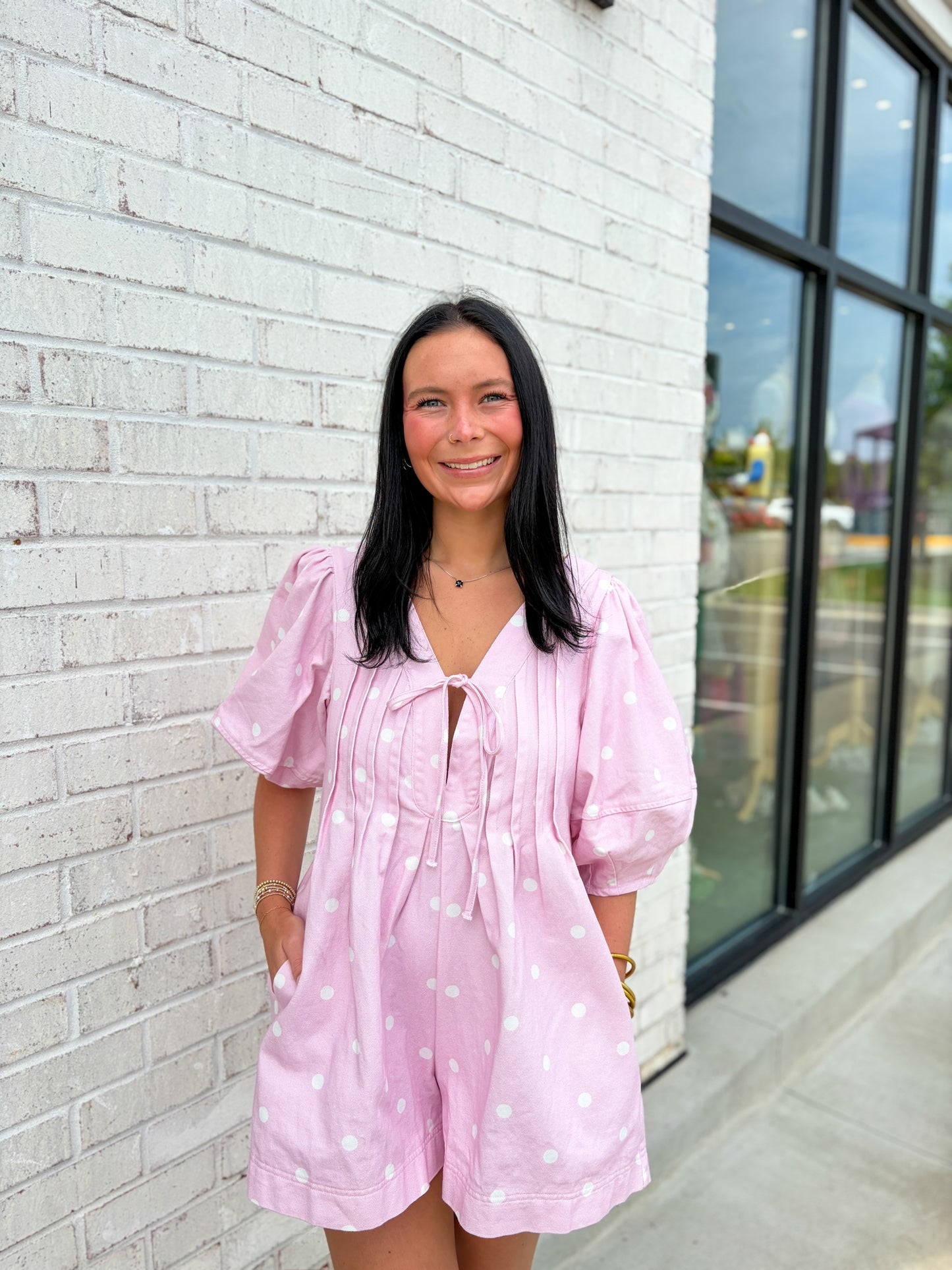 Polka Dot Denim Romper