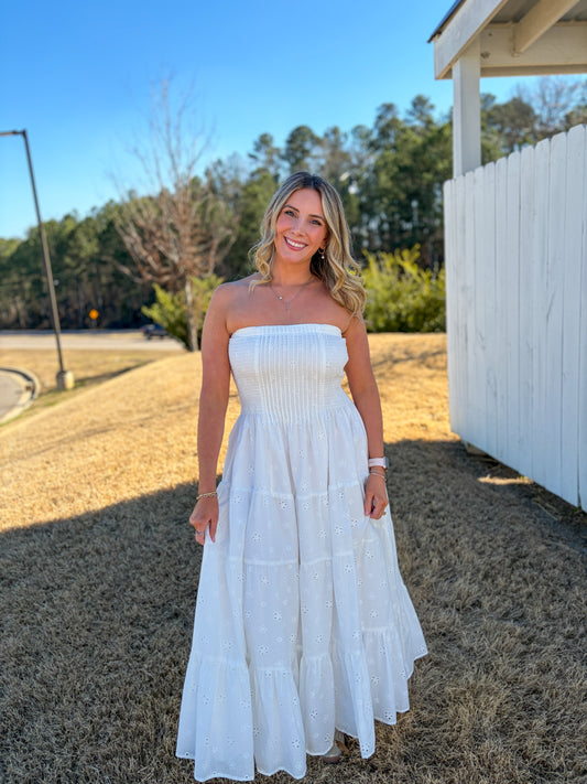 Eyelet Strapless Midi Dress
