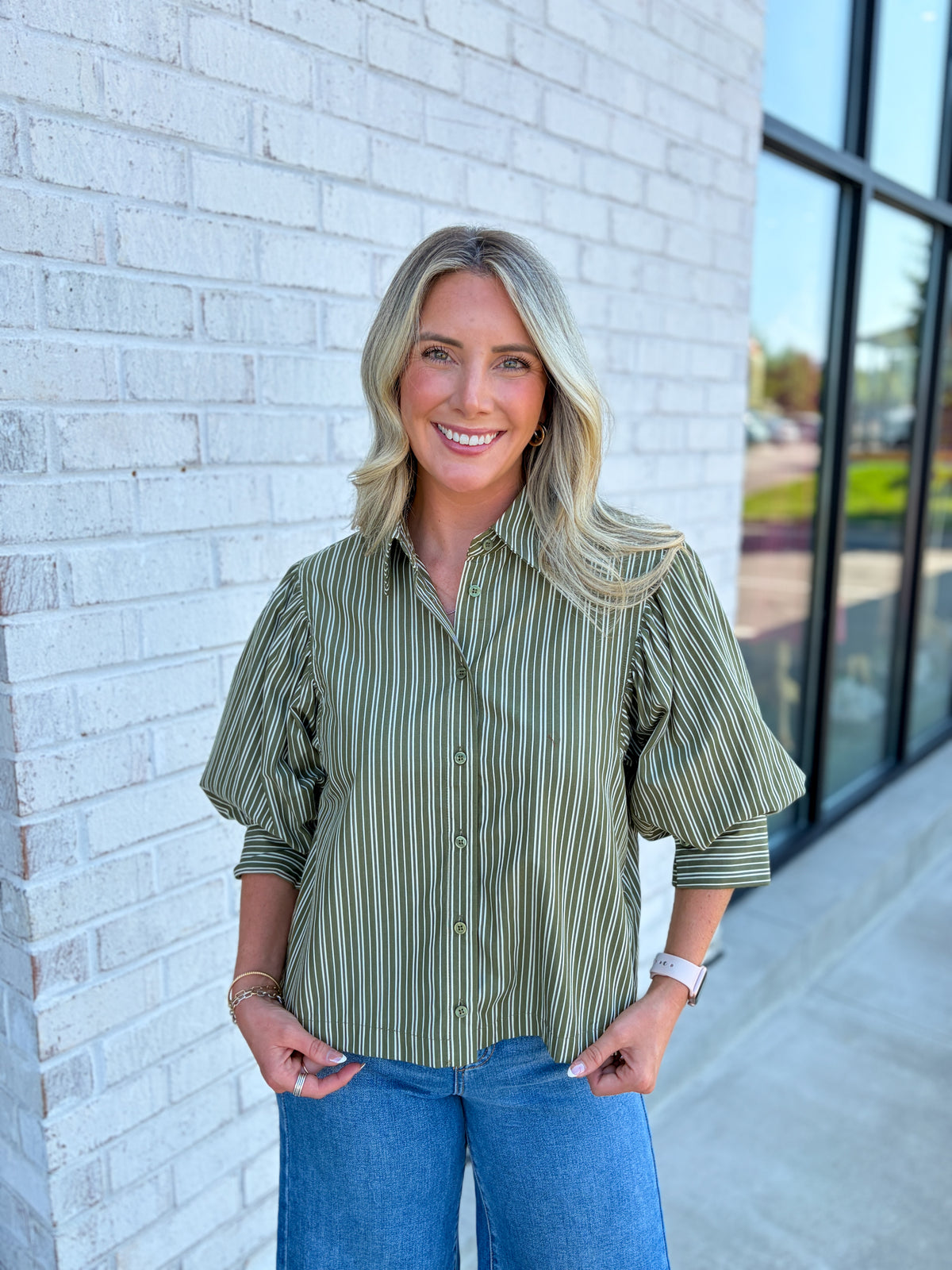 Puff Sleeve Striped Button Up Top
