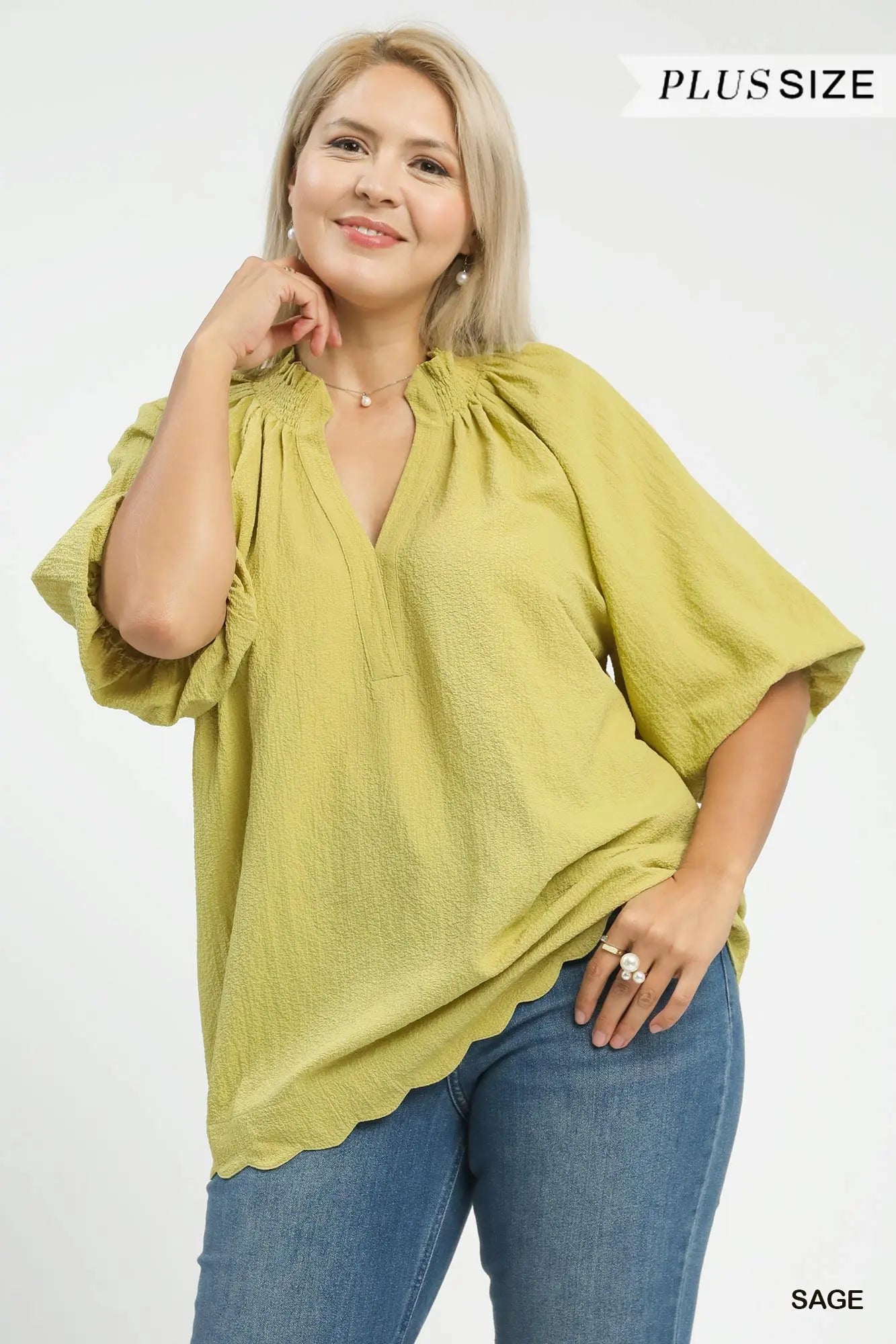 Scalloped Puff Sleeve Blouse - PLUS