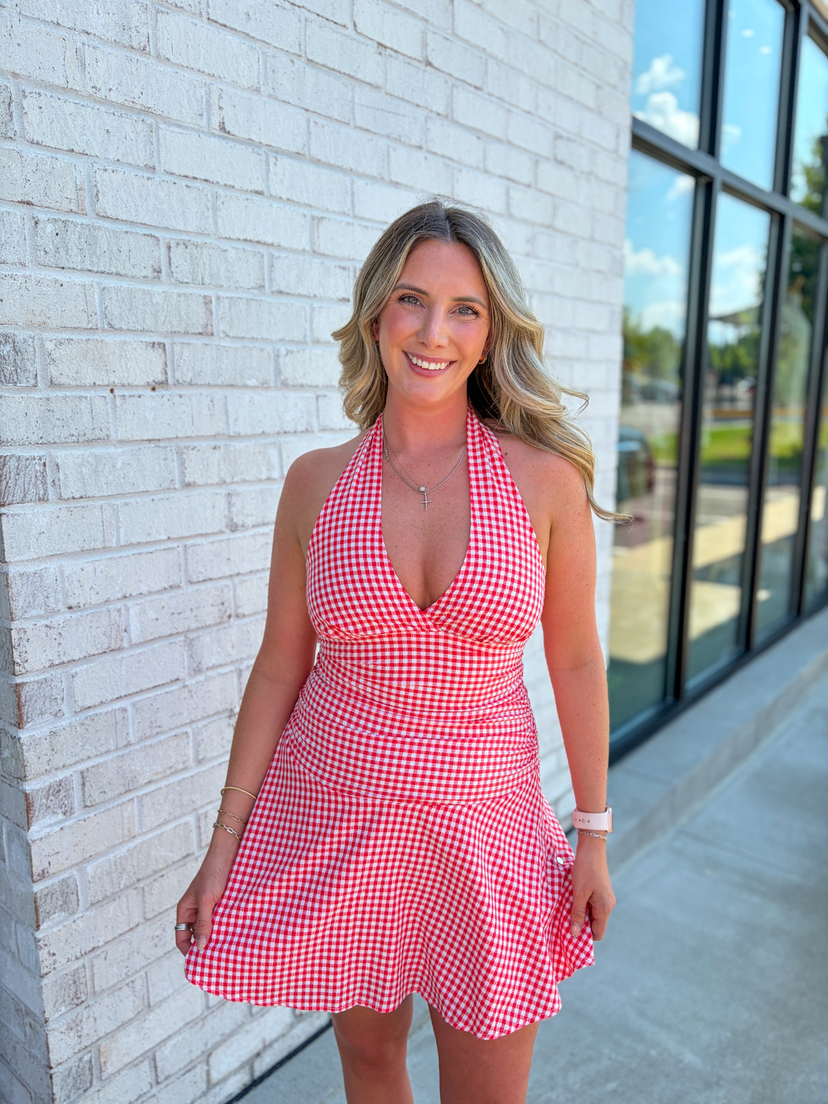Gingham Halter Neck Mini Dress
