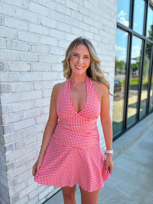 Gingham Halter Neck Mini Dress