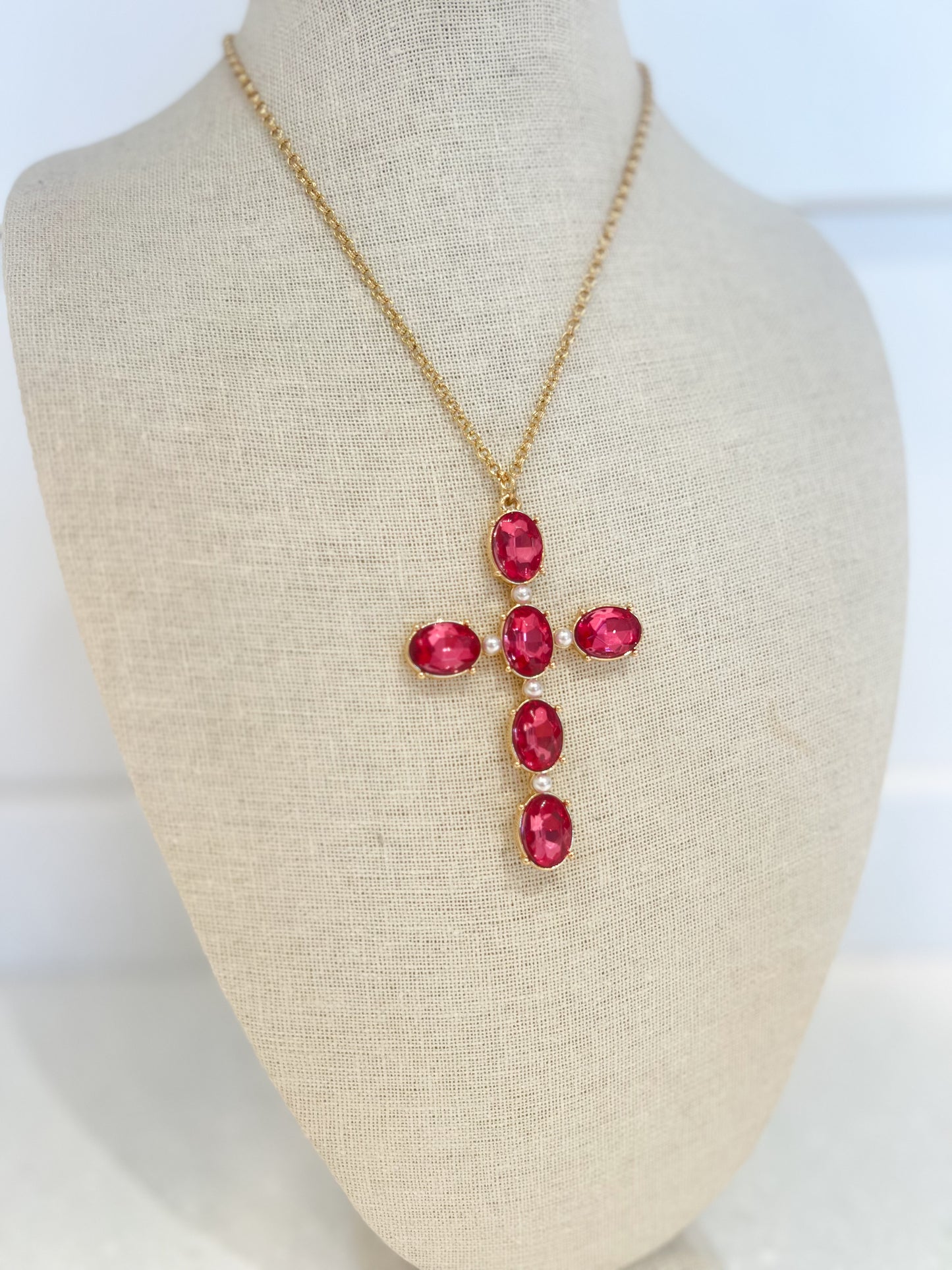 Pink Stone Cross Pendant Necklace