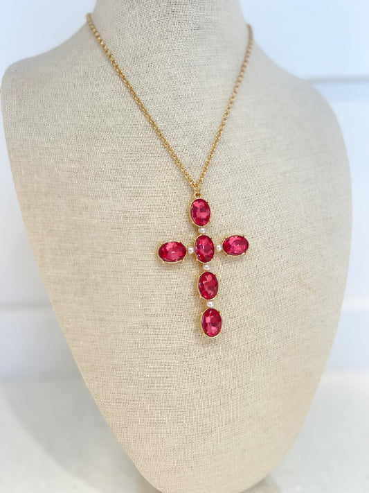 Pink Stone Cross Pendant Necklace