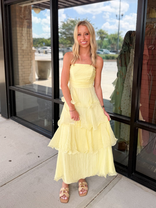 Strapless Tiered Midi Dress.
