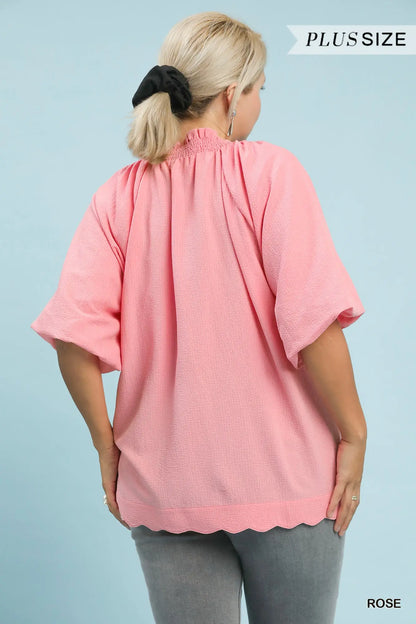 Scalloped Puff Sleeve Blouse - PLUS