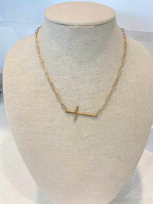 Side Ways Gold Cross Necklace