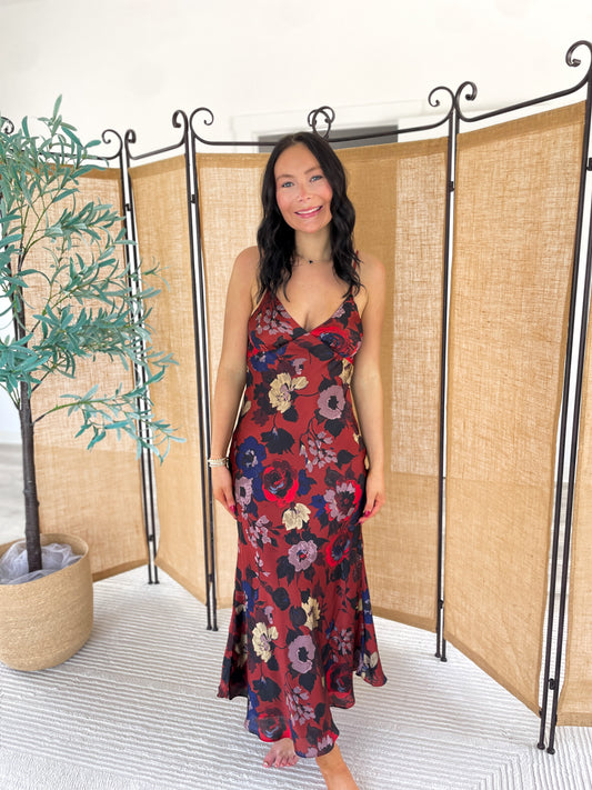 Floral Satin V-Neck Maxi Dress