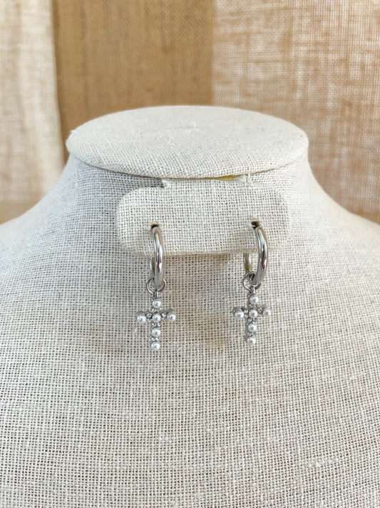 Silver Hoop Cross Earrings
