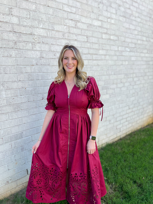 Hattie Eyelet Zip-Up Midi Dress
