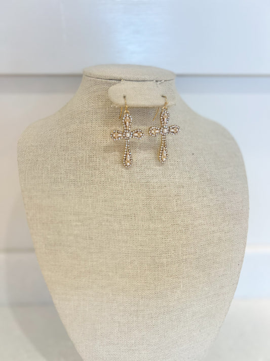 Pearl & Rhinestone Cross Earrings