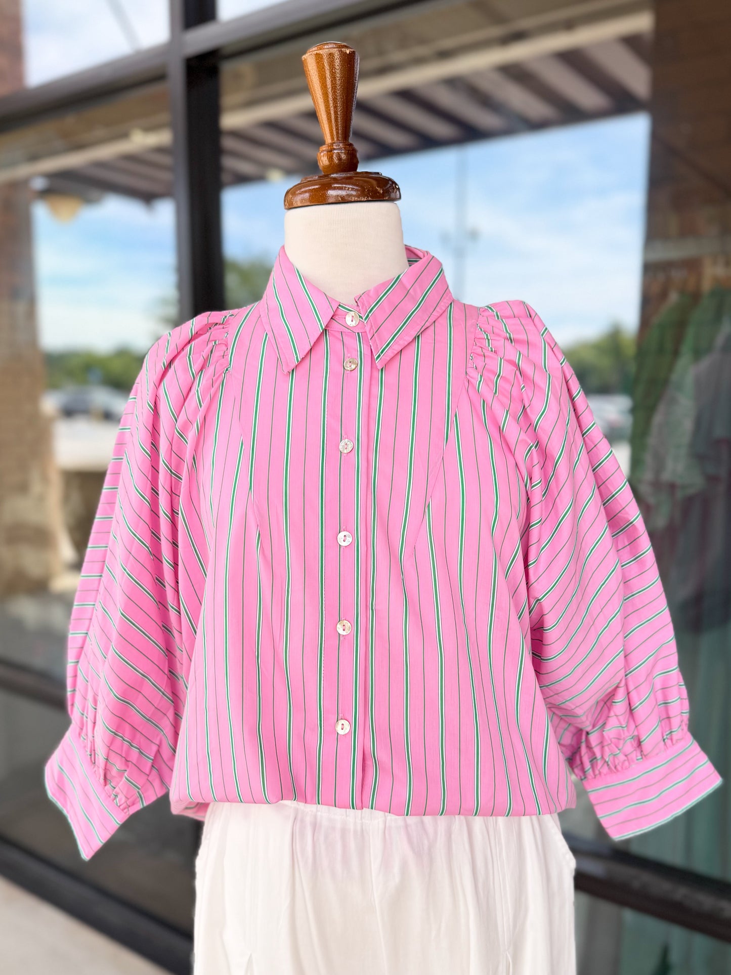 Striped Puff Sleeve Button Up Top