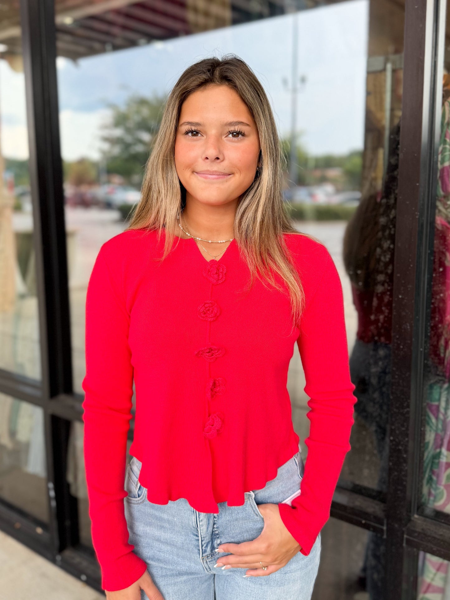 Flower Detailed Faux Button Up Top