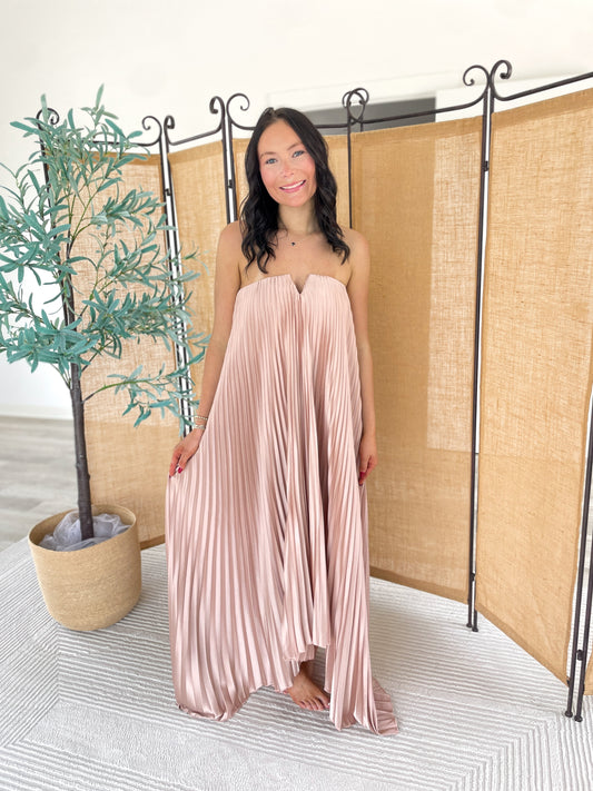 Pleated Strapless Midi Dress