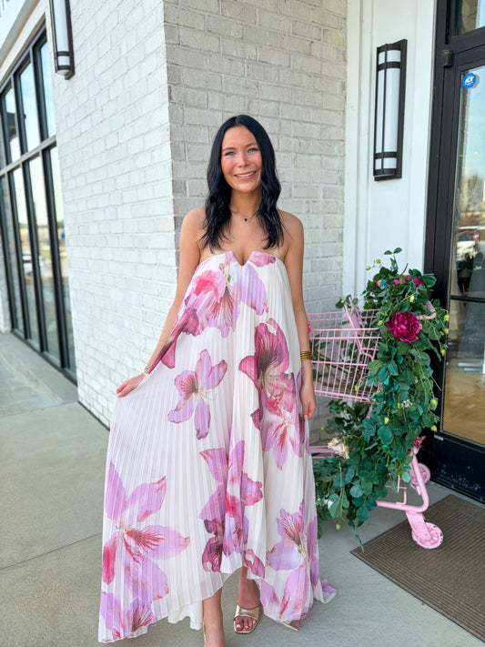 Tropical Pleated Midi Dress