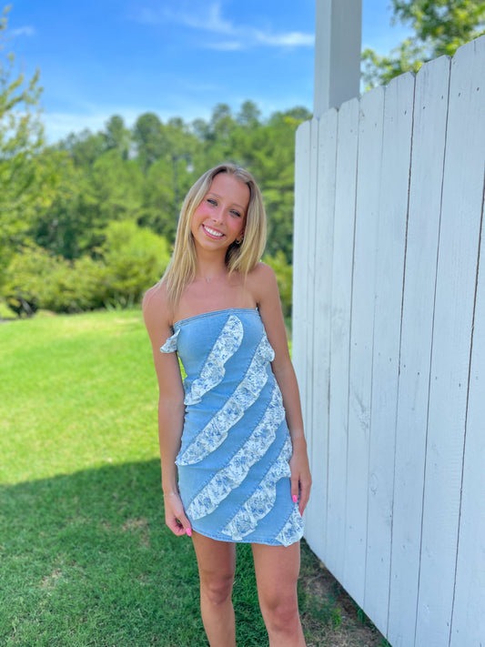 Rayleigh Denim Lace Mini Dress