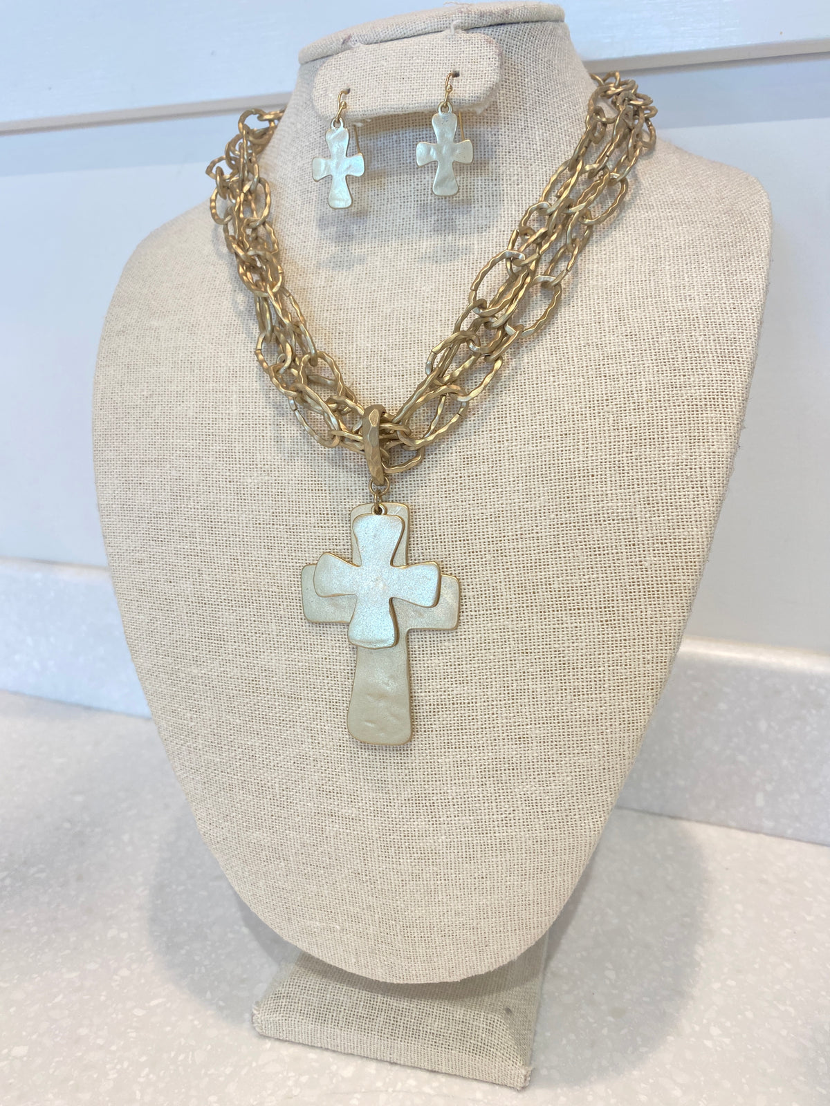 Chunky Layered Cross Necklace with Earrings