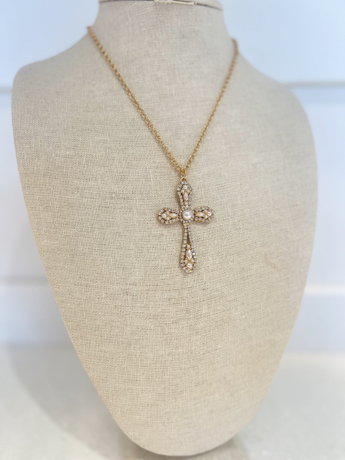 Pearl & Rhinestone Cross Necklace