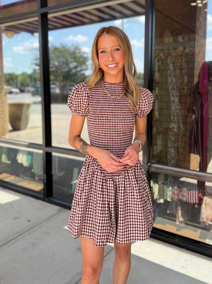 Smocked Gingham Drop Waist Mini Dress