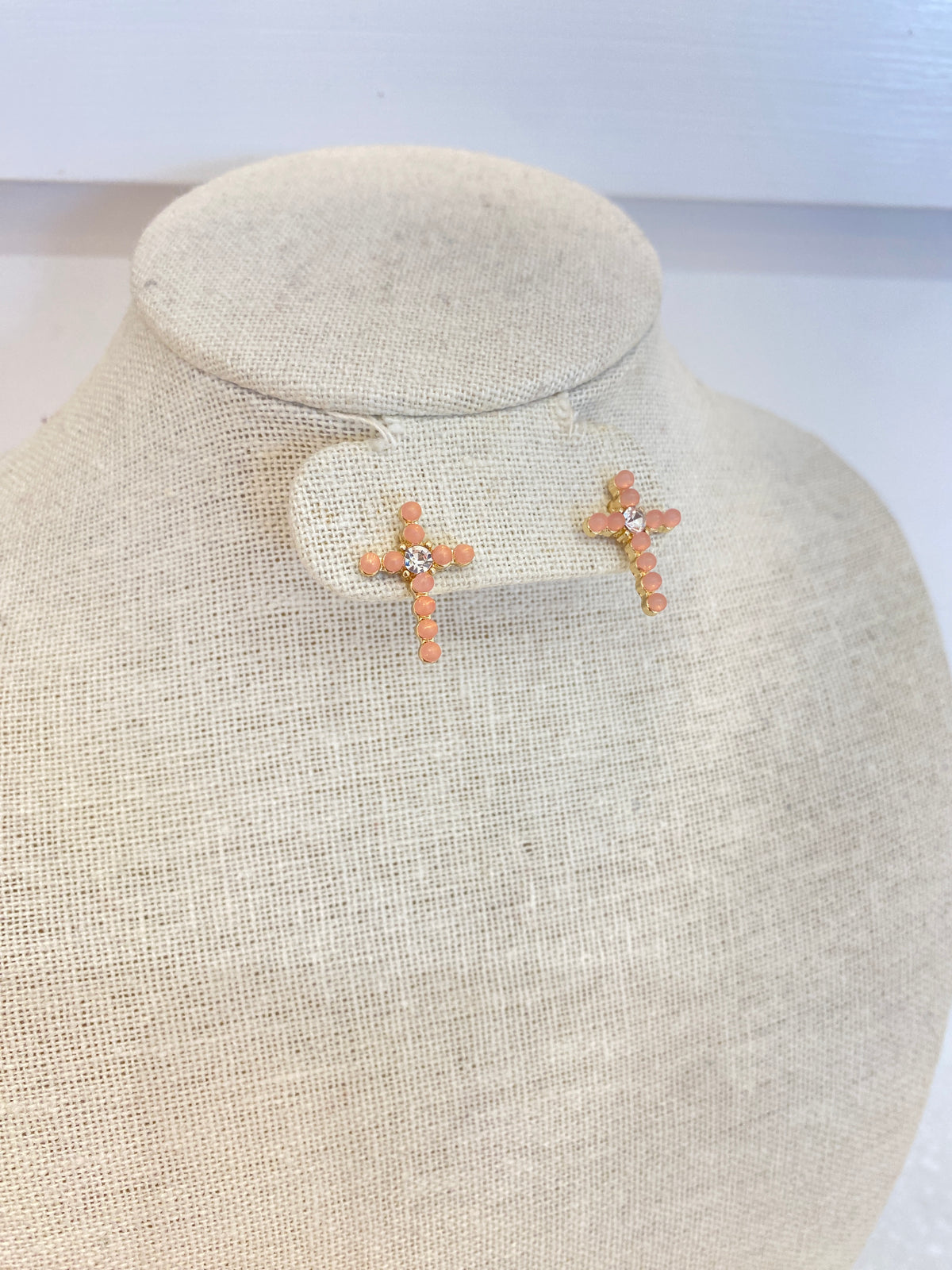 Pink Jewel Cross Studs