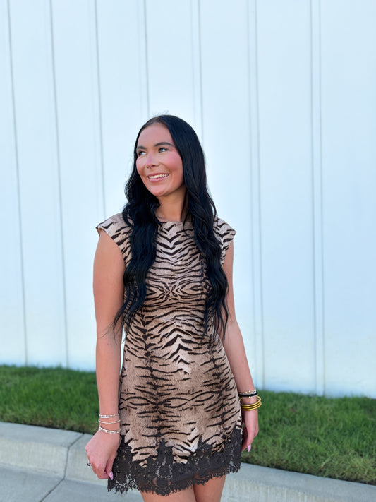 Tiger Lace Trim Mini Dress