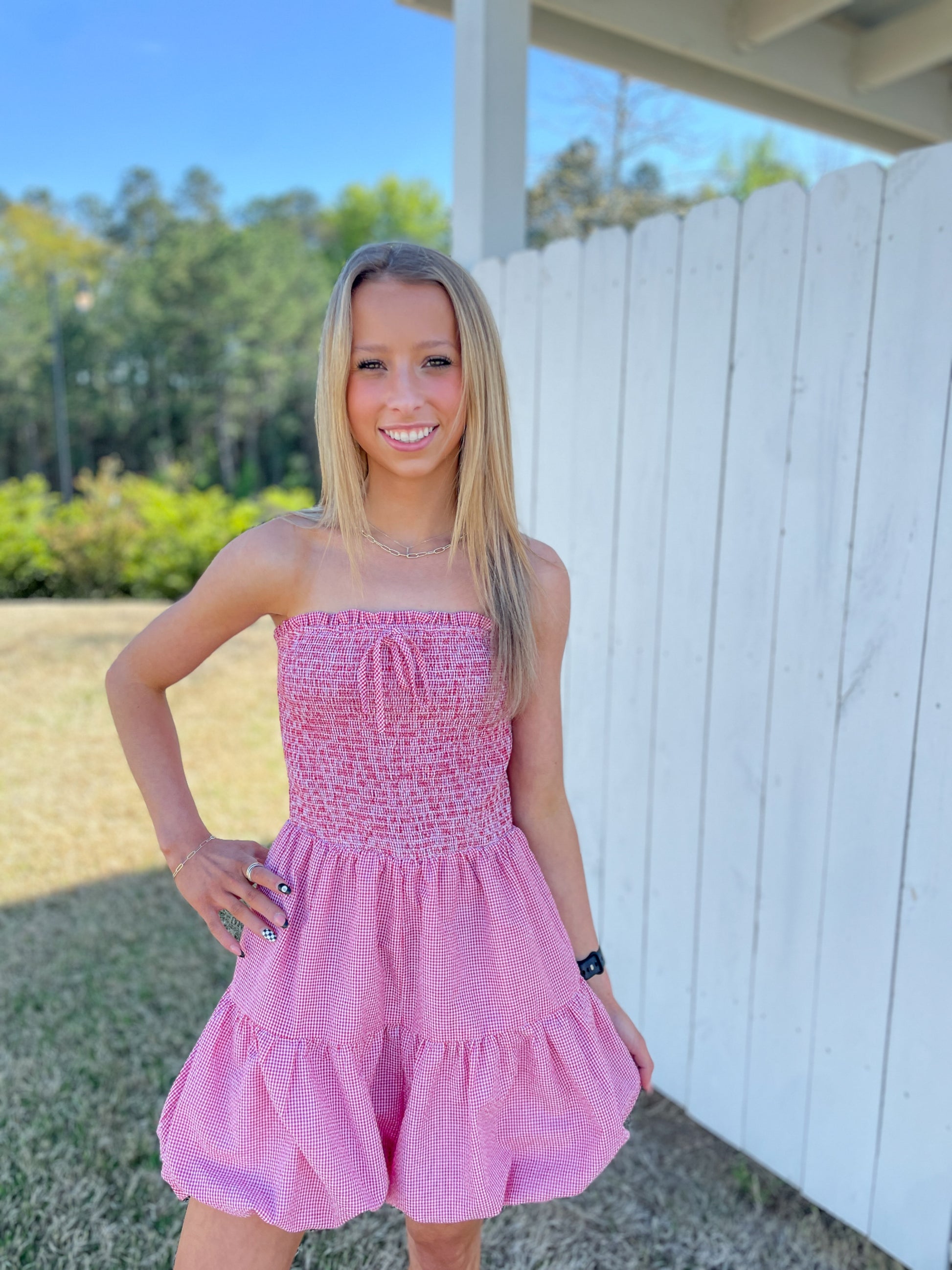 pink gingham strapless dress Pink Gingham Strapless Summer Maxi Dress