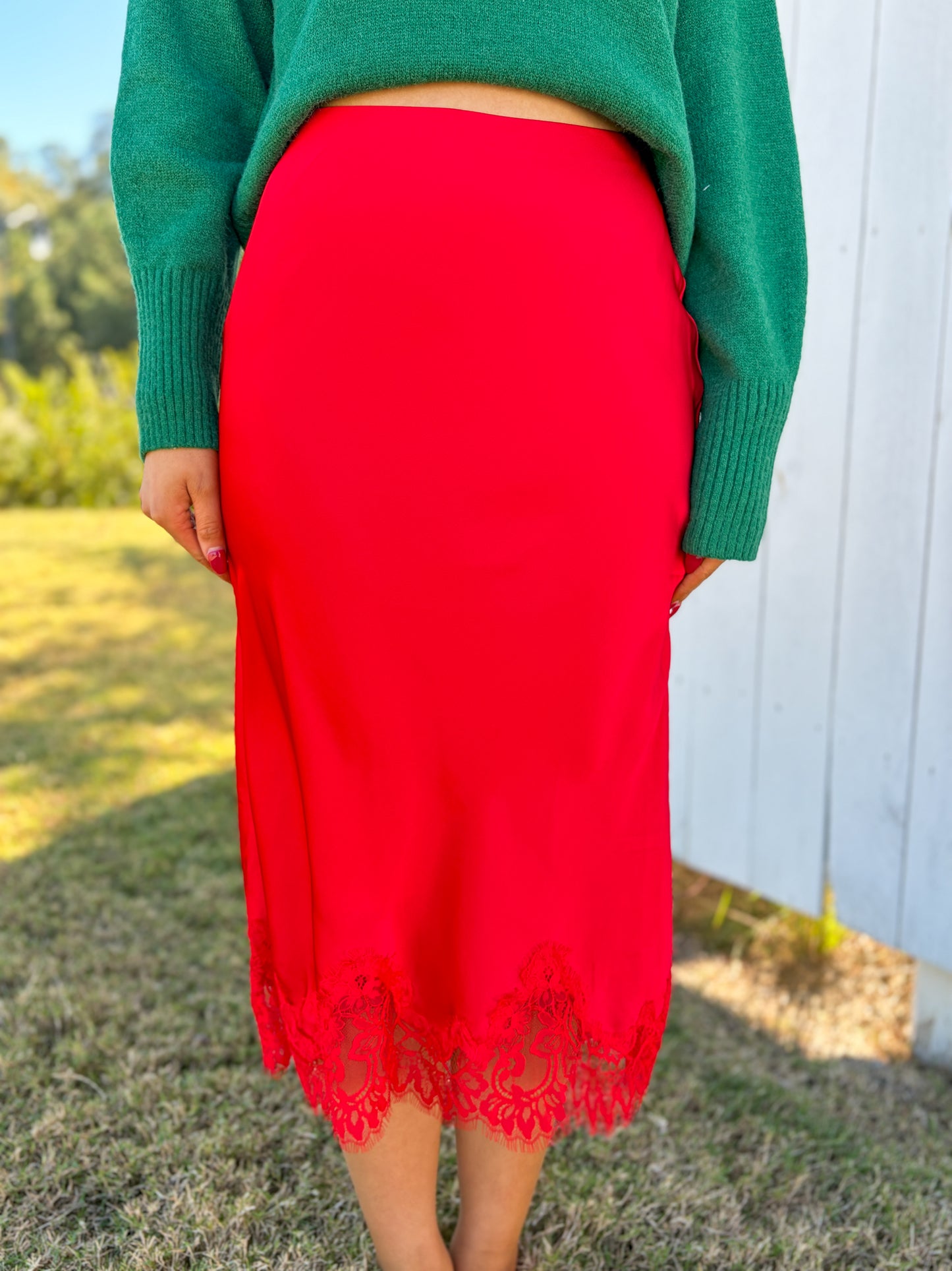 Satin Lace Trim Midi Skirt