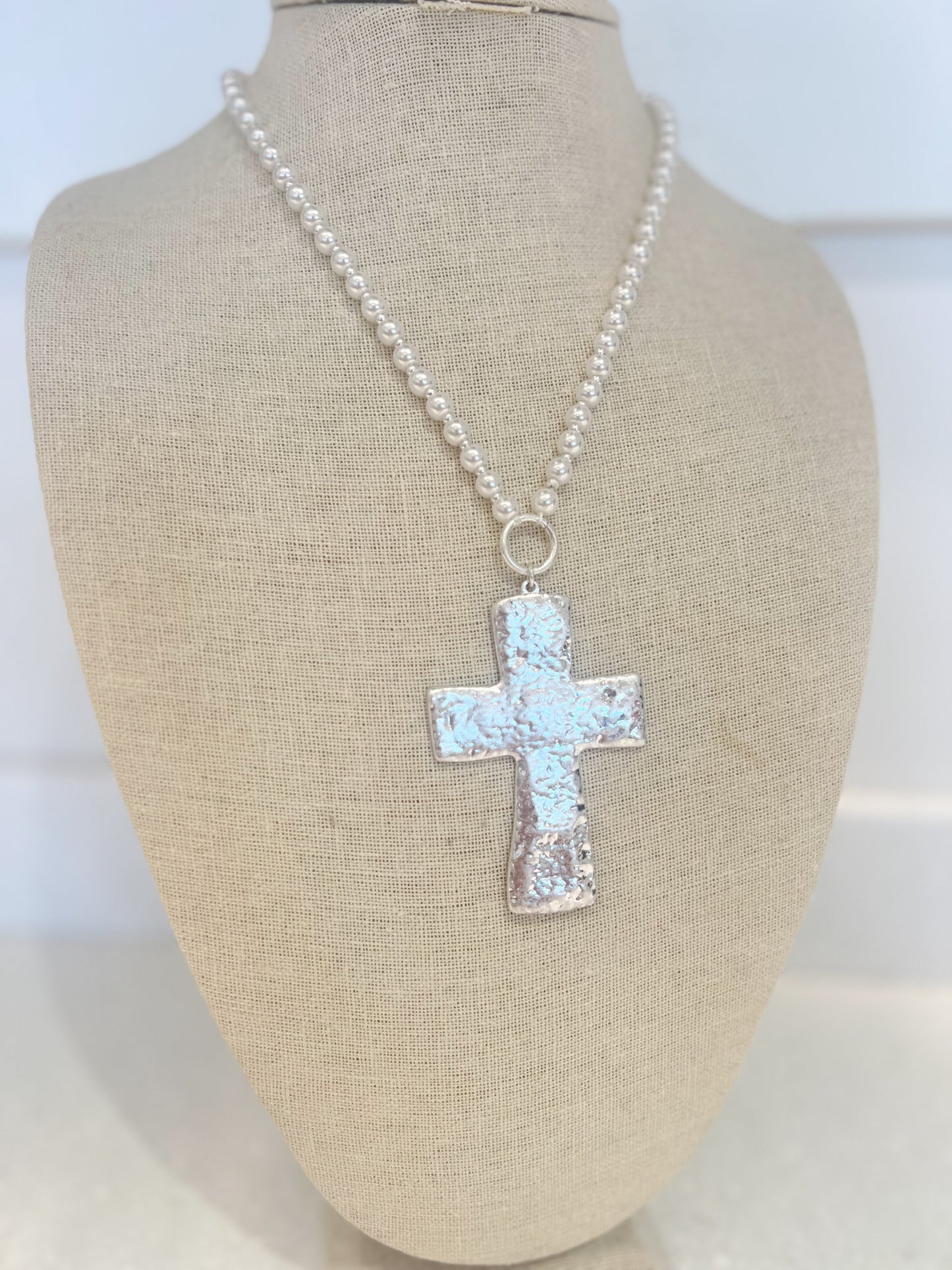 Large Silver Cross Pearl Necklace