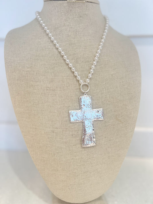 Large Silver Cross Pearl Necklace